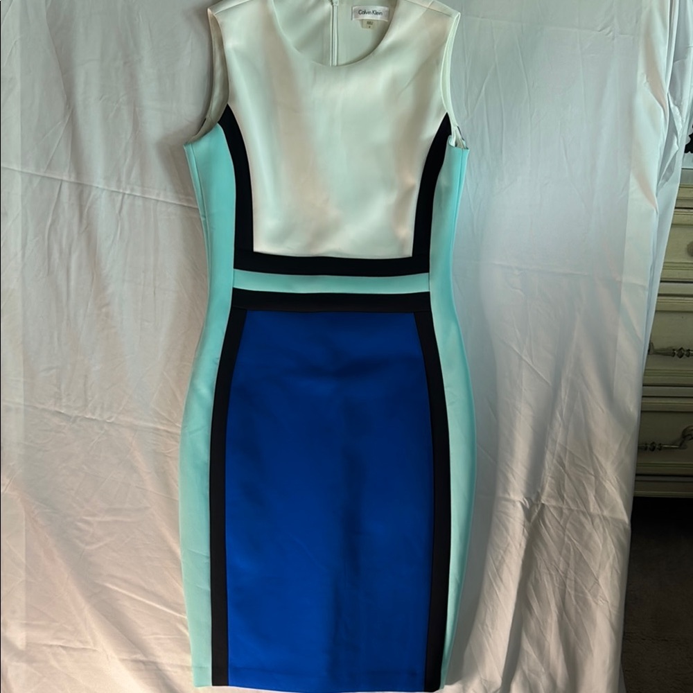 Calvin Klein White Cream Sheath Midi Dress Mock Neck Sleeveless